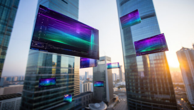 Floating screens displaying colorful data visualizations in an urban cityscape setting view