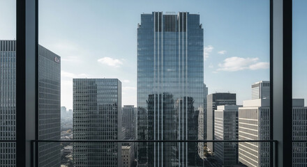 窓越しに望む近代都市の高層ビル群と青空が織りなす洗練された都市風景