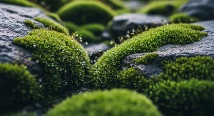 岩石表面に生育する鮮やかな緑の苔のクローズアップによる自然の神秘