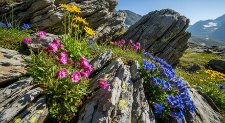 岩場に咲く美しい高山植物の花々と厳しい自然環境に適応した生命力