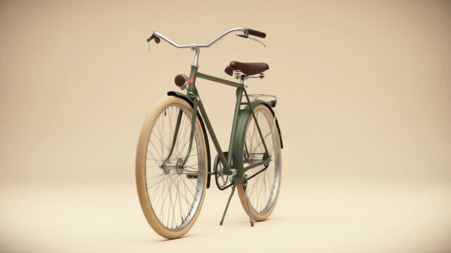 A vintage-style bicycle, primarily green with tan tires and seat, is presented against a neutral background, viewed at a three-quarters angle
