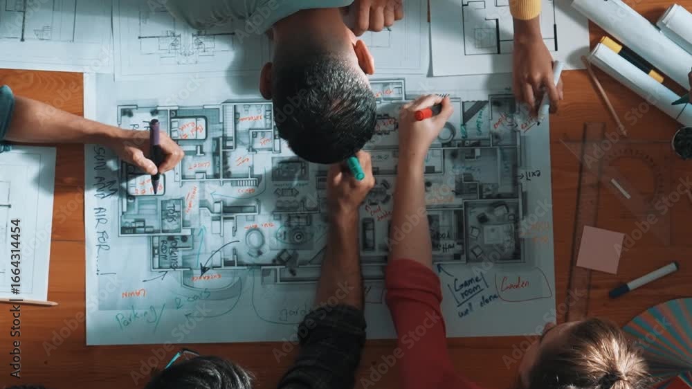 Poster top down view of civil engineer team writing at blueprint at meeting table with color palettes. grou