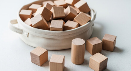 白いバスケットに入った様々な形の木製ブロックによる創造性を育む知育玩具