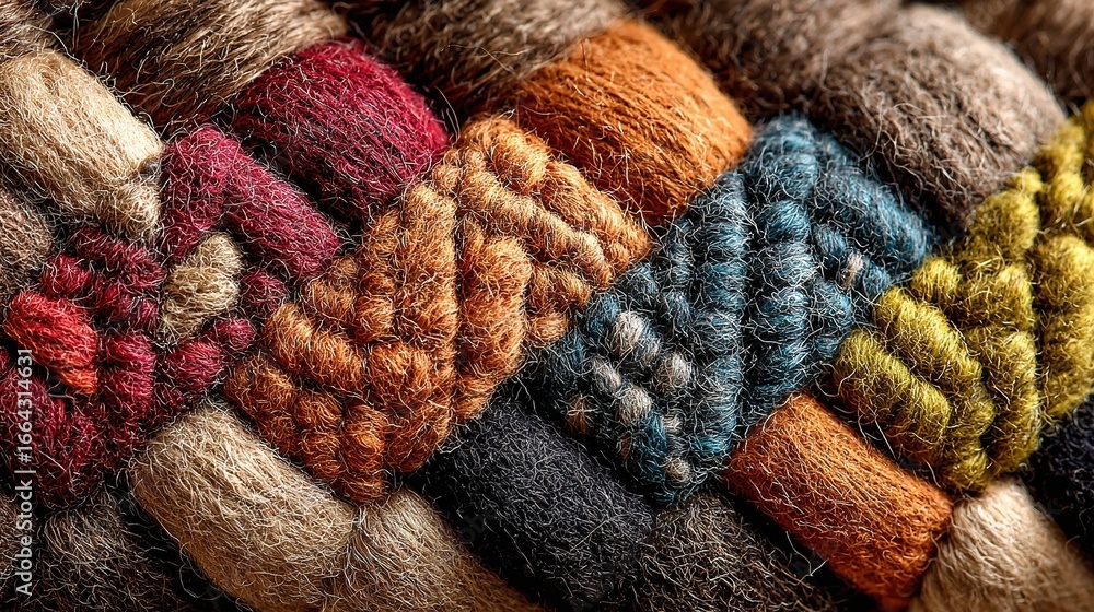 Poster a close-up of various colorful yarns on a patterned tablecloth