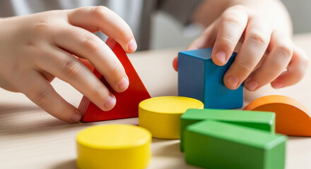 カラフルな幾何学形状のブロックで遊ぶ手による創造的な学習と遊びの時間