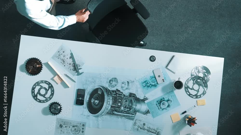Poster top down aerial view of engineer hold tablet while learning about engine. aerial view of skilled pro