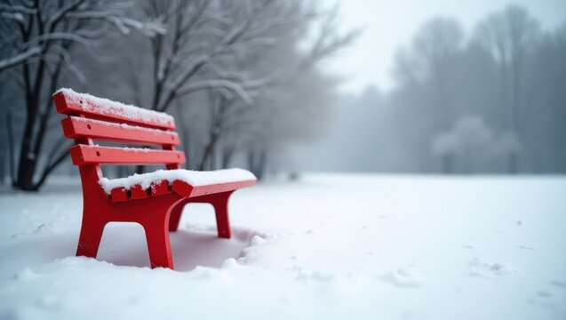 A solitary red park bench, nestled in a snowy landscape, evokes a quiet winter's day.