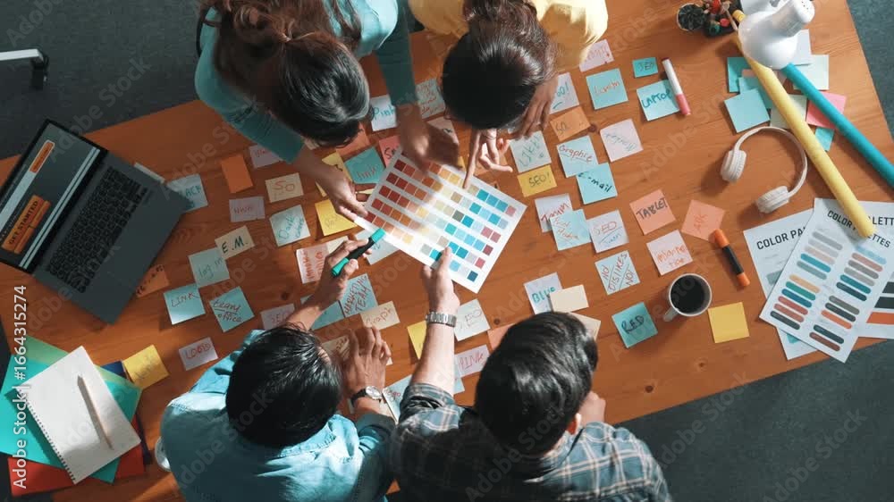 Poster group of creative team looking and planning idea while manager holding sticky notes and presenting m