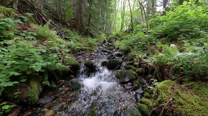 Obraz premium A lush green forest surrounds a rock-strewn stream, providing ample greenery on either side