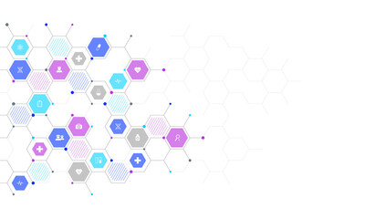 Medical background and healthcare technology with flat icons and symbols. Concept and idea for health care business, innovation medicine, health safety, science, medical research, and development.