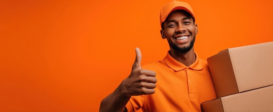 The delivery worker smiling and giving thumbs up while holding cardboard boxes