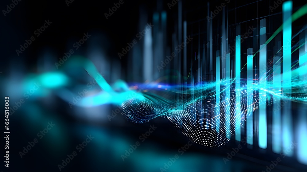 Poster dynamic data visualization with flowing waves and bar graphs