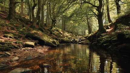   A lush green forest flows with a stream beside it, filled with tall leaf-covered trees and a verdant hillside