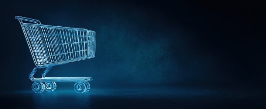 The Shopping Cart Neon Wireframe in Futuristic Digital Retail Concept with Blue Glow