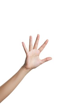 A lightskinned hand and arm is outstretched on a white background with fingers spread
