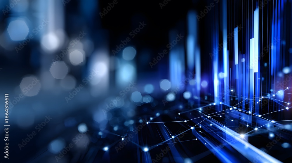 Poster abstract digital network with interconnected nodes and glowing blue lines against a blurred backgrou