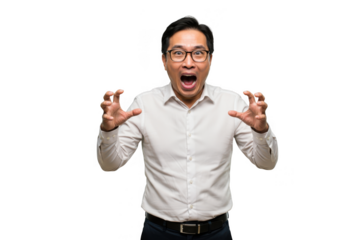 Man with open mouth and raised hands isolated on transparent background