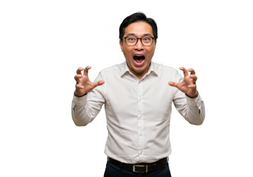 Man with open mouth and raised hands isolated on transparent background