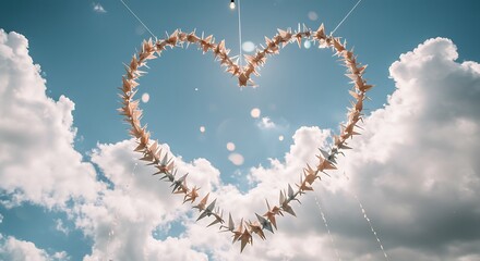 Obraz premium Heart Made of Origami Birds Sky Clouds