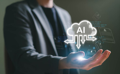 Business person use AI Cloud technology for data mining process. Artificial Intelligence technology for data driven decision making business. Data set and insight relate to global customer data.