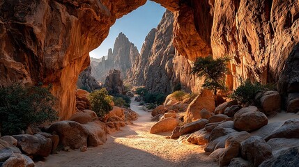   A view of a canyon featuring rocks and a dirt trail leading to the cave entrance in the heart of the desert