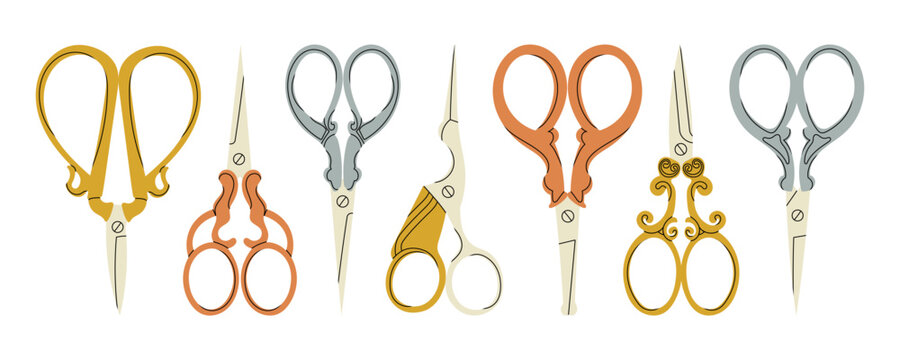 Set of various Scissors. Elegant, vintage, retro style. Hand drawn Vector illustration. Isolated design elements. Cutting hair, scissoring, shear concept