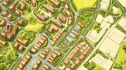 Obraz premium Aerial view of a planned urban development with residential and commercial buildings, roads, and green spaces.