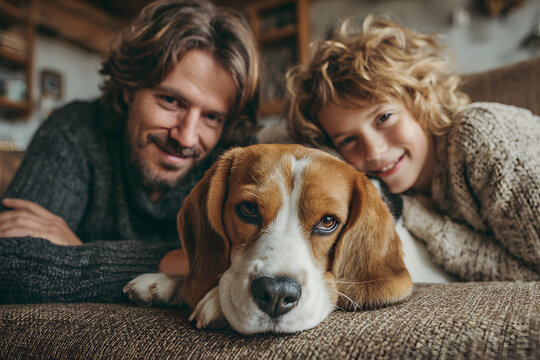 Cozy family tea time. Father, mother and son at the home living room. Boy lying in comfortable sofa and stroking their beagle dog and smiling. Peaceful family moments concept image. - Powered by Adobe