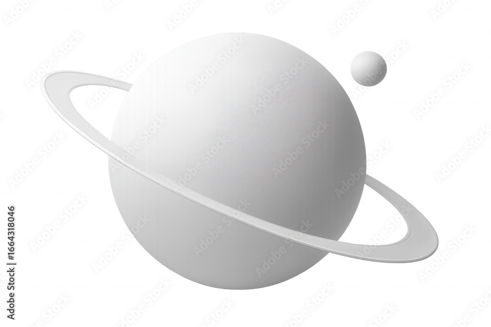 Poster minimalist 3d rendering of a white planet rotating, with a ring and a moon, isolated on transparent 