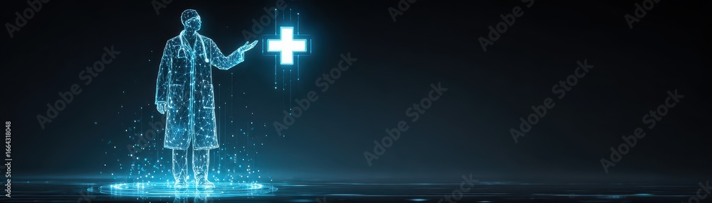 Poster futuristic digital interface showcasing a virtual doctor in telemedicine setting with holographic el