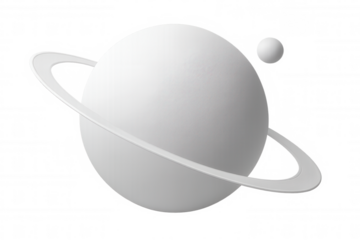Minimalist 3d rendering of a white planet rotating, with a ring and a moon, isolated on transparent background