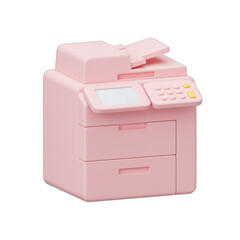 Pink office copier machine ready for printing documents and copies.