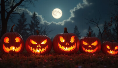 Spooky jack o lanterns glow under a full moon on halloween night