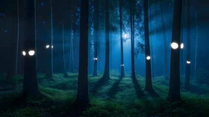 Fototapeta premium Mysterious glowing eyes emerge from the dark forest at night creating an eerie atmosphere