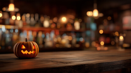 Halloween pumpkin in bar: A carved pumpkin with a menacing grin sits atop a rustic bar, its glowing face casting eerie shadows amidst the dim, ambient light of a bar setting.