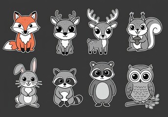 Obraz premium Charming woodland creatures set featuring a fox, deer, squirrel, rabbit, raccoon, and owl, perfect for playful designs and educational materials