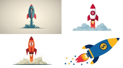 Four stylized rockets, launching upward, each with a dollar sign on its body, displayed against varying backgrounds; demonstrating growth, finance, and startup concepts
