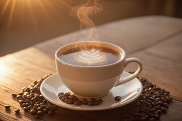 Fototapeta premium Tasse Kaffee mit Herz-Latte-Art und Kaffeebohnen bei sanftem Sonnenlicht