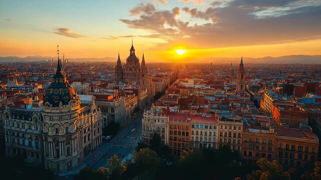 Aerial view of Madrid, Spain at sunset showcases historical architecture landmarks
