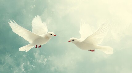 Fototapeta premium Two white doves flying gracefully in the sky with soft sunlight and clouds symbolizing peace freedom love hope and serenity in a tranquil natural scene