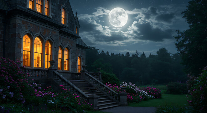 Eerie victorian mansion bathed in moonlight