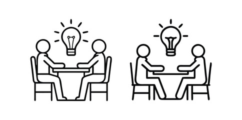 Teamwork and brainstorming line icon set. Vector illustrations of people in a meeting sharing a creative idea.
