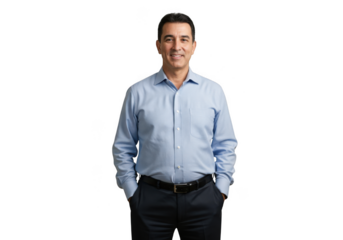 Man in blue shirt and dark pants smiling isolated on transparent background