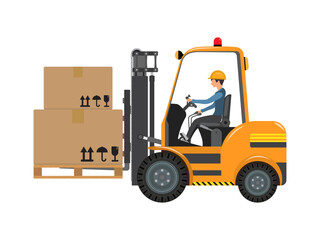 Symbol forklift Trucks style cartoon, set of profile side view commercial forklift for logistic company. Yellow forklift loader with post parcels under control of driver on white background.