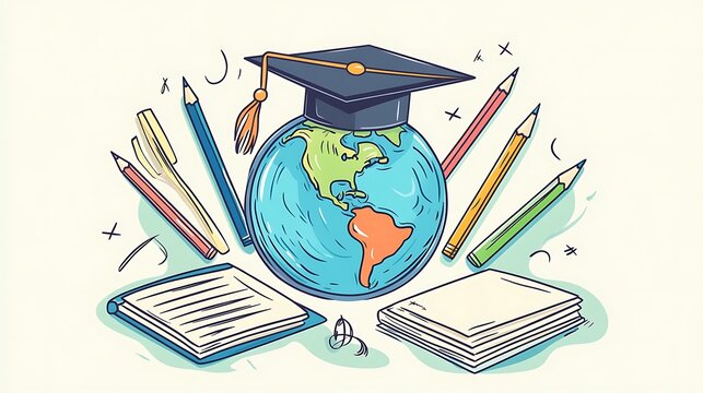Education globe with pencils and notebooks