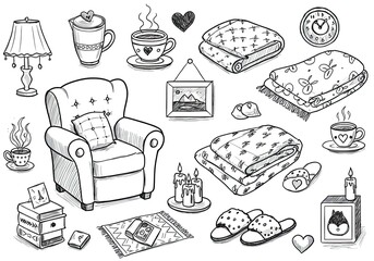 Cozy comfort captured in a charming sketch featuring a plush armchair, warm blankets, steaming mugs, and flickering candles evoking relaxation and hygge.