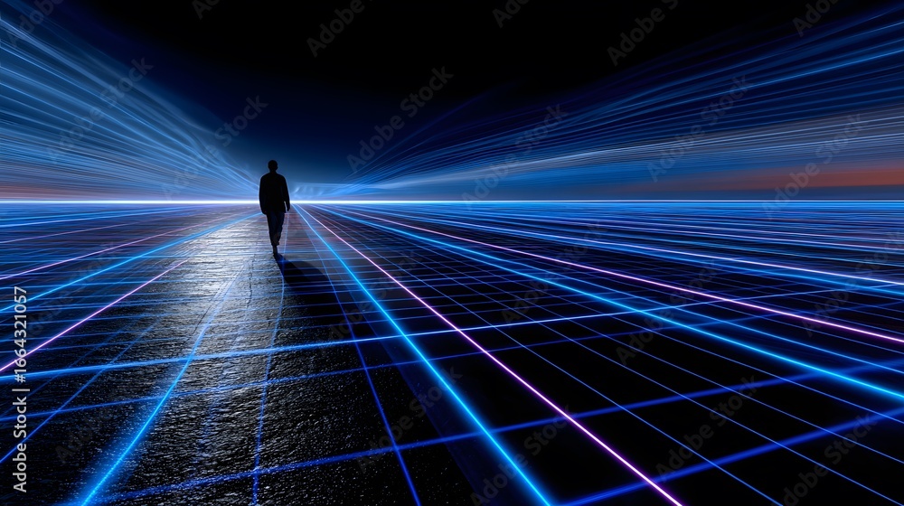 Poster silhouette of a person walking on a grid illuminated by blue light trails in a futuristic setting