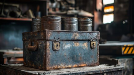 Rusty metal box with four smaller rusty cans on top, sitting on a dusty surface in a dimly lit, cluttered workshop.