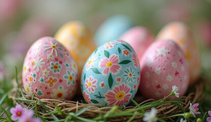 Beautifully decorated easter eggs in a nest with soft floral background