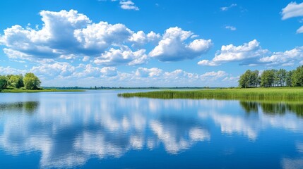 Peaceful scene reflecting a bright sky and white clouds in calm water. Lush green plants surround the tranquil lake under bright sunlight.